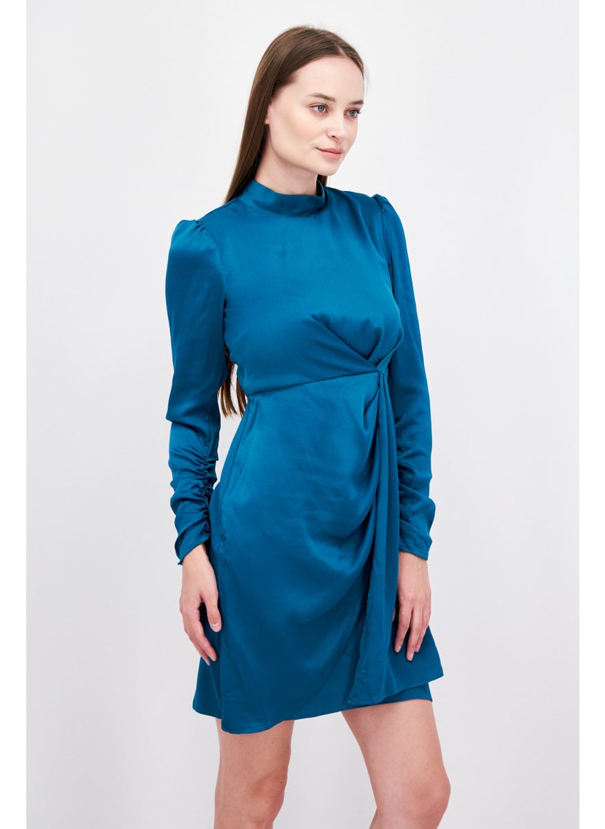 Taylor - Women Textured Mini Dress, Teal Blue - Image 1