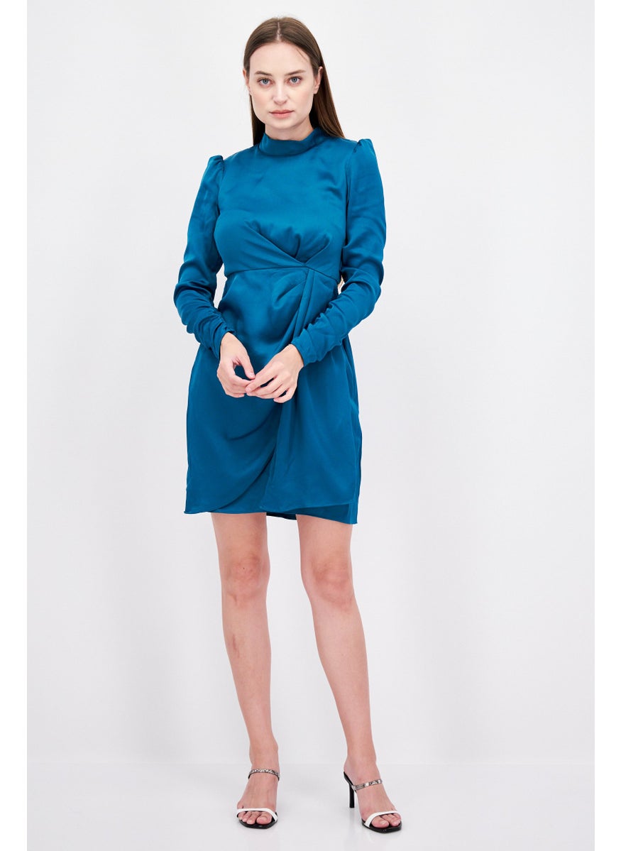 Taylor - Women Textured Mini Dress, Teal Blue - Image 1