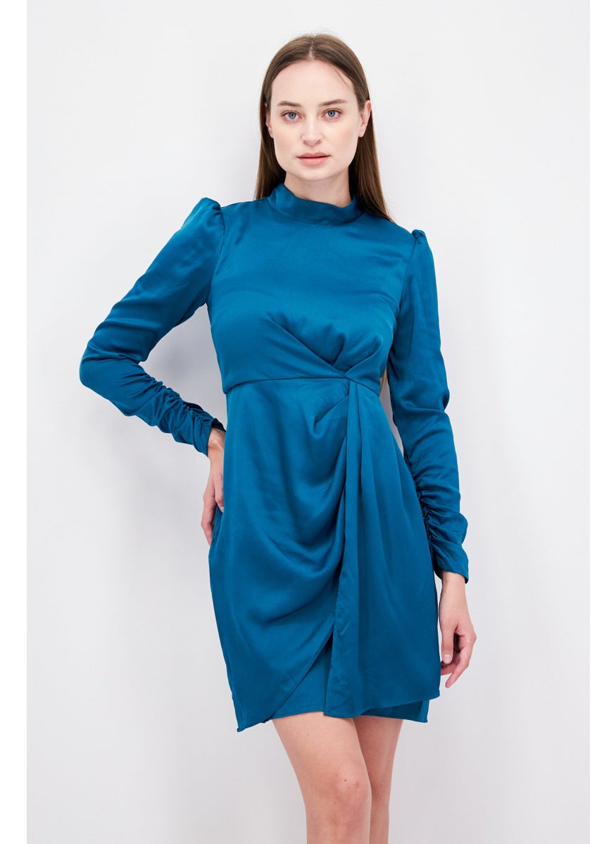 Taylor - Women Textured Mini Dress, Teal Blue - Image 1