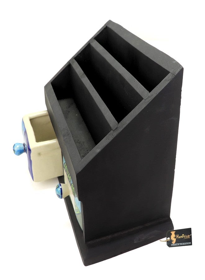 Two Moustaches Wooden Magazine Holder/Book Shelf/Newspaper Rack with 2 Ceramic Drawers - Magazine Holder For Living Room Study Table, Wooden Newspaper Stand, Table Top Multiutility Magazine Holder - Image 3