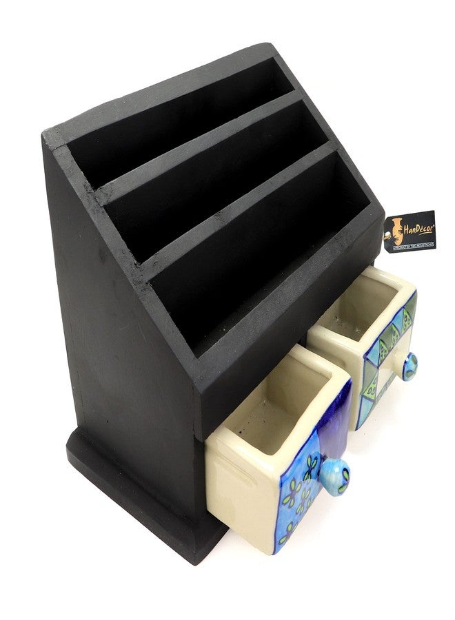Two Moustaches Wooden Magazine Holder/Book Shelf/Newspaper Rack with 2 Ceramic Drawers - Magazine Holder For Living Room Study Table, Wooden Newspaper Stand, Table Top Multiutility Magazine Holder - Image 2