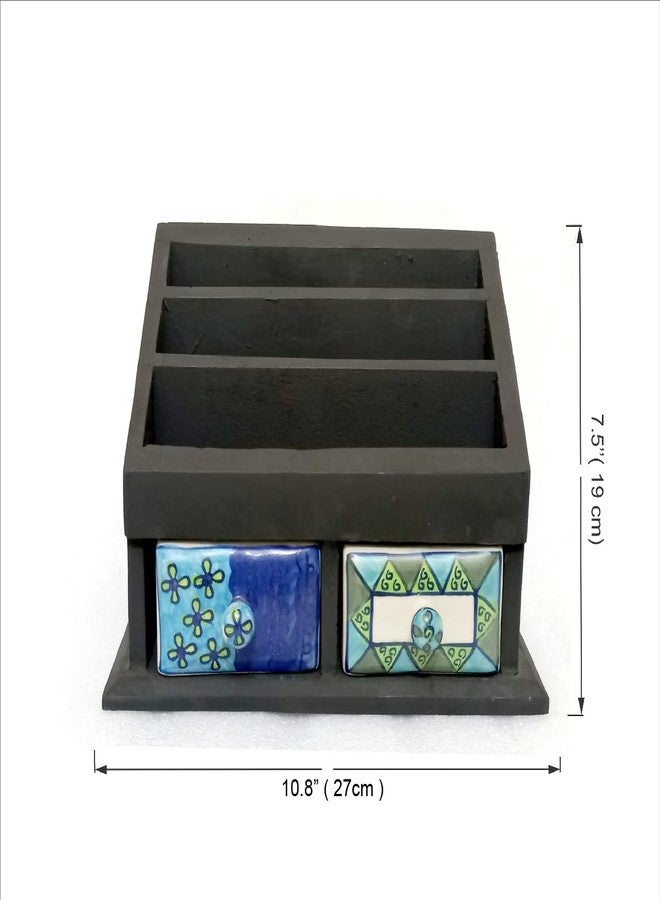 Two Moustaches Wooden Magazine Holder/Book Shelf/Newspaper Rack with 2 Ceramic Drawers - Magazine Holder For Living Room Study Table, Wooden Newspaper Stand, Table Top Multiutility Magazine Holder - Image 4