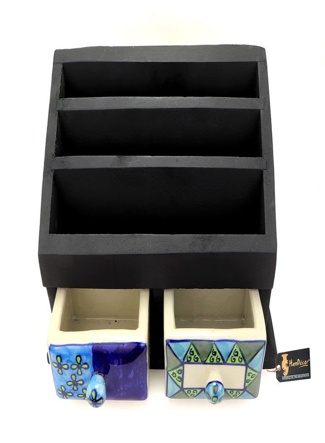 Two Moustaches Wooden Magazine Holder/Book Shelf/Newspaper Rack with 2 Ceramic Drawers - Magazine Holder For Living Room Study Table, Wooden Newspaper Stand, Table Top Multiutility Magazine Holder - Image 1