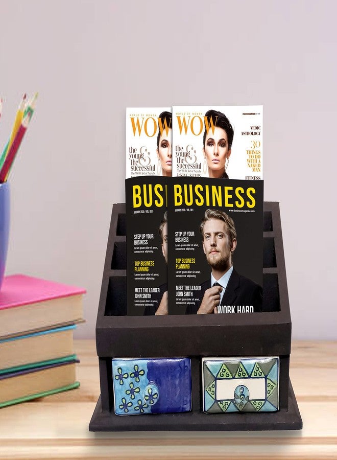 Two Moustaches Wooden Magazine Holder/Book Shelf/Newspaper Rack with 2 Ceramic Drawers - Magazine Holder For Living Room Study Table, Wooden Newspaper Stand, Table Top Multiutility Magazine Holder - Image 5