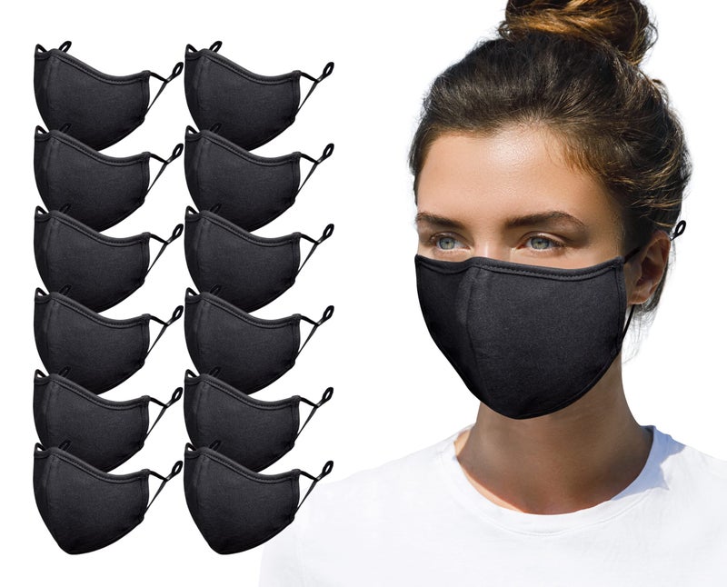 Simlu 12 Pack Premium Fabric Face Mask Reusable with Adjustable Elastic 2 LayerCotton Breathable Nose Wire Black Cloth face Mask Washable Fits Men Women and Kids Made In USA
