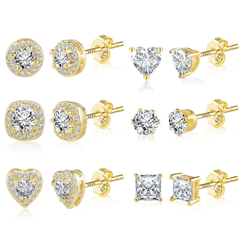 ALEXCRAFT Gold Stud Earrings for Women, Sterling Silver Cubic Zirconia Halo Stud Earring Set Round Heart Square Diamond Studs Valentines Earing Pack, 6 Pairs - Image 1