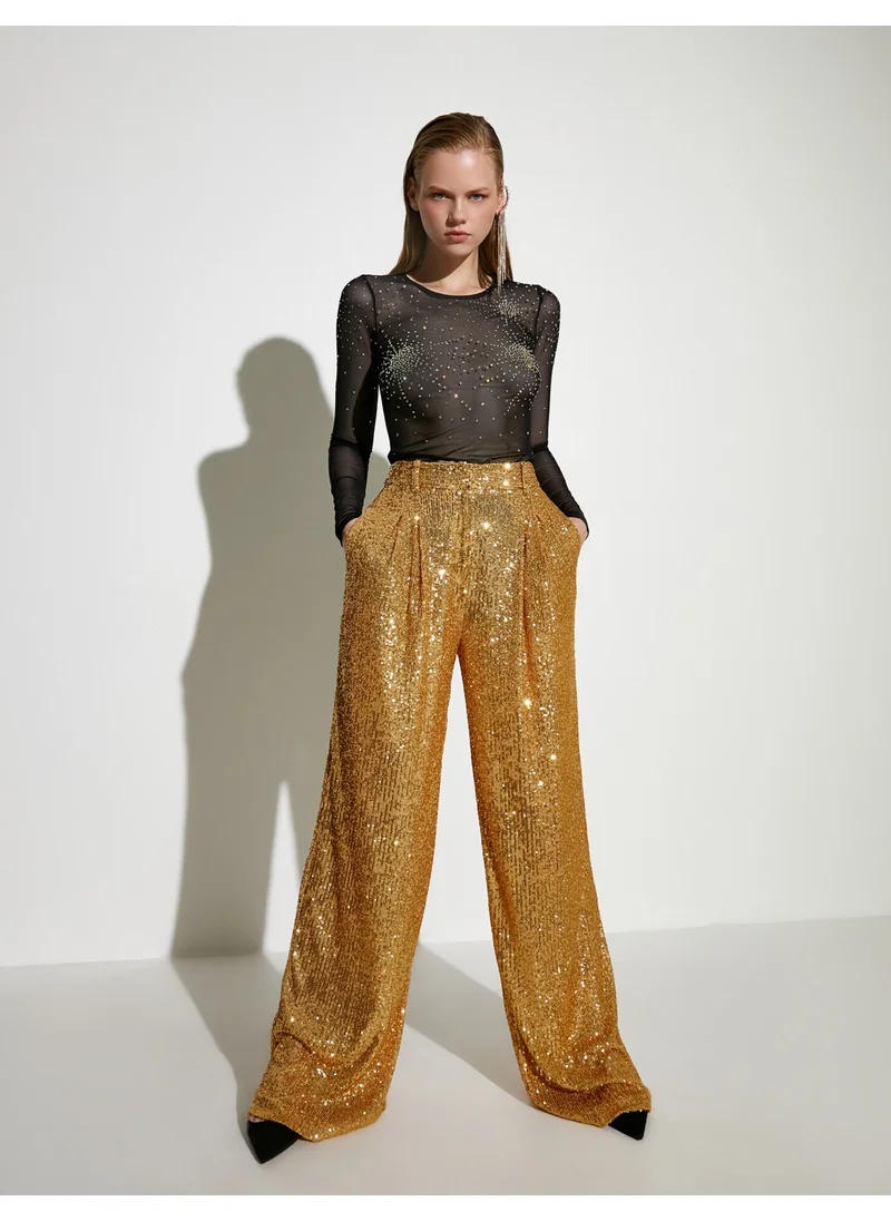 KOTON Sequined Palazzo Trousers with Pockets