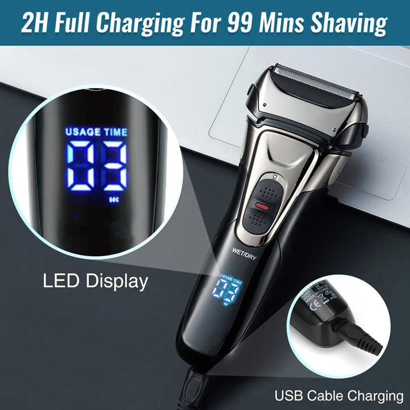LinJie Men's Electric Shaver, 3 Blade Foil Shaver with Pop-Up Trimmer, Cordless Rechargeable, Waterproof LED Display, Wet/Dry Use, Black - Image 3