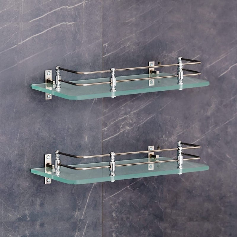 Fortune Multi-Purpose Wall Hung (Frosted) Glass Front Bathroom Shelf with Wall Brackets, Storage Holder, 12 x 6 Inch - (Pack of 2) - Image 1