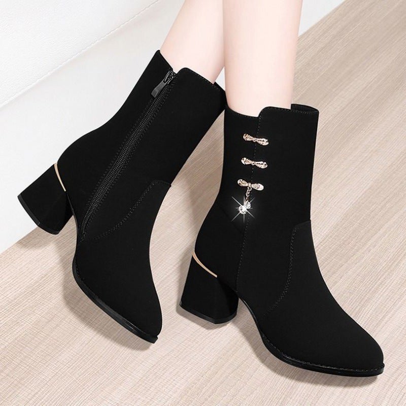 Thickened Fleece-Lined Boots 2023 Mid Heel Thick Heel Half Barrel Cotton Boots Non-Slip Soft Bottom Short Boots Snow Boots - Image 4