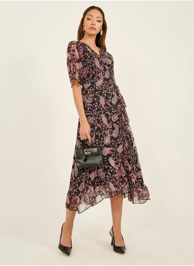 Styli Floral Print V-Neck Wrap Midi Dress with Ruffle Hem