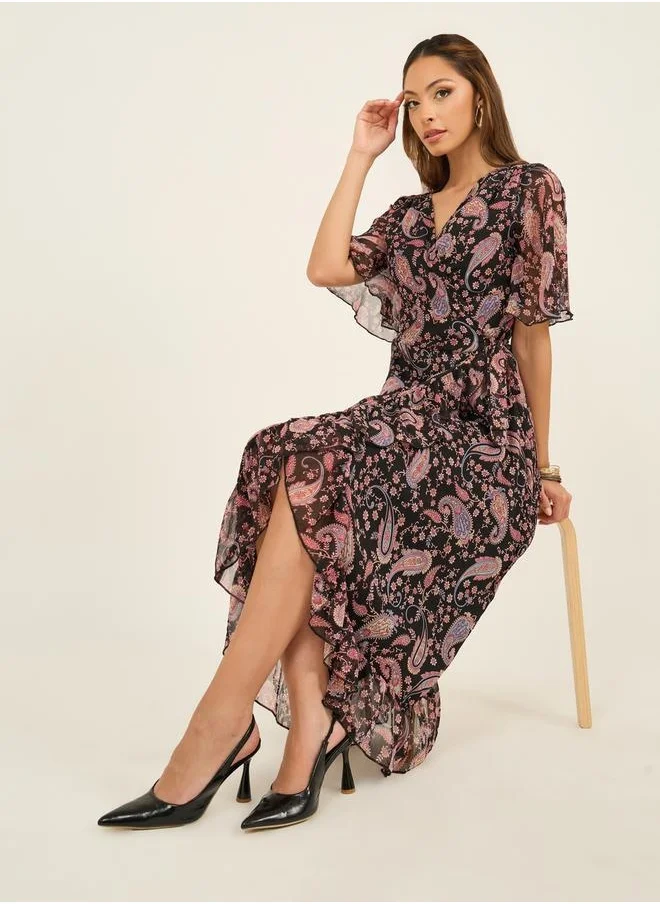 ستايلي Floral Print V-Neck Wrap Midi Dress with Ruffle Hem