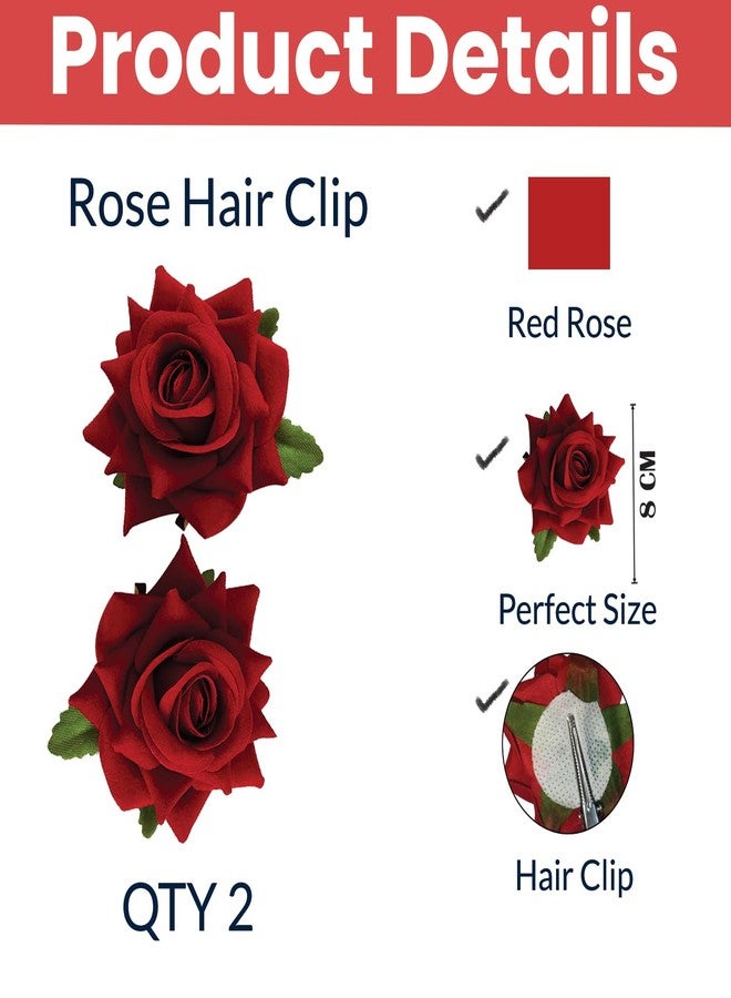 TEMPERIA (2pcs) Hair Accessories For Women & Girls - Stylish Red Rose Artificial Flowers Bun Juda Pins & Clips for Style & Decoration - Bridal Brooch & Braid for Hairstyle of Bride, Wedding & Party - Image 2