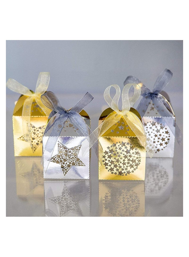 Candy Favor Boxes 40pcs Mini Paper Treat Boxes Candy Goodie Gift Boxes with Ribbon for  Wedding Favor Party Gift Wrap Decoration Golden Star Laser Hollowed out Wedding Candy Box - Image 1