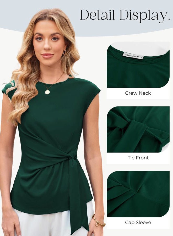 GRACE KARIN Green Blouses for WomenSummer Fashion Short Sleeve TopsTie FrontElegant Work Top Dark Green M - Image 4