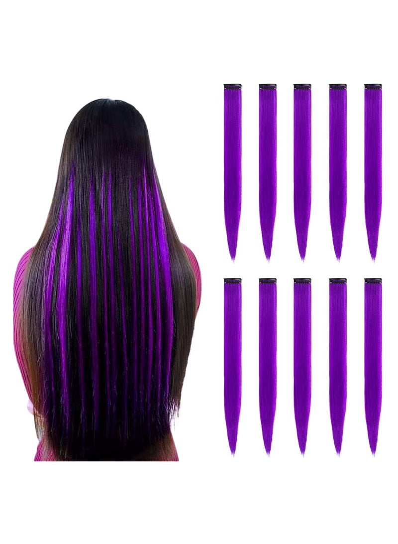 Estelle 22 inch Colored Hair Extensions Straight Hairpiece Multi colors Party Highlights Clip in Synthetic Hair Extensions for Kids Girls 10pcs Purple - Image 1