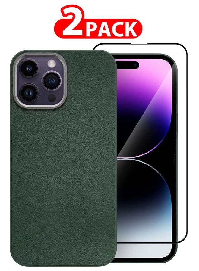 CATANES (for iPhone 14 Pro Max) 2 Pack Case Cover and Screen Protector Leather Case with Lens Frame Shockproof Full Body Protective Cover Green - Image 1