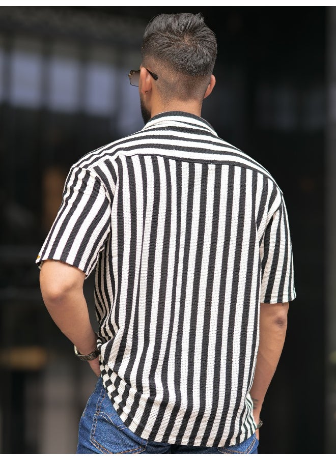 Maniac Mens Striped Collared Neck 3/4th Sleeve Black and White Waffle Knitted Shirt  - Image 2