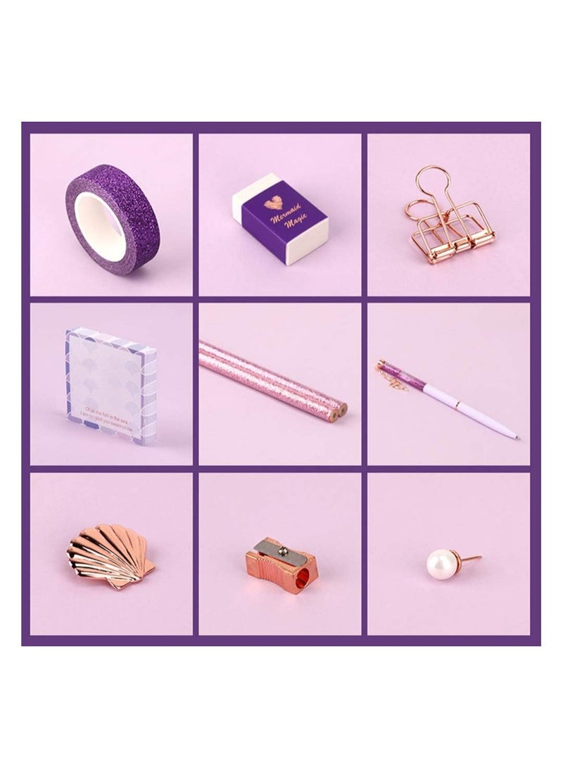 Cute stationery set ballpoint pens pencils pencils washi tape eraser pearl pins sticky notes notepad rose gold flipchart purple mermaid office desk supplies - Image 3