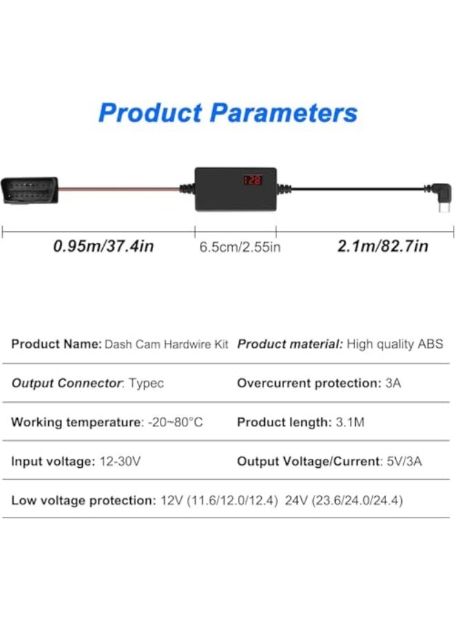 OBD OBD2 USB C Dash Cam Cable, USB C Charger Cable Car Camera Cable with 24 Hours Surveillance, Type C Cable 16Pin OBDII Hardwire Kit for GPS DVR (3.1M) - Image 2