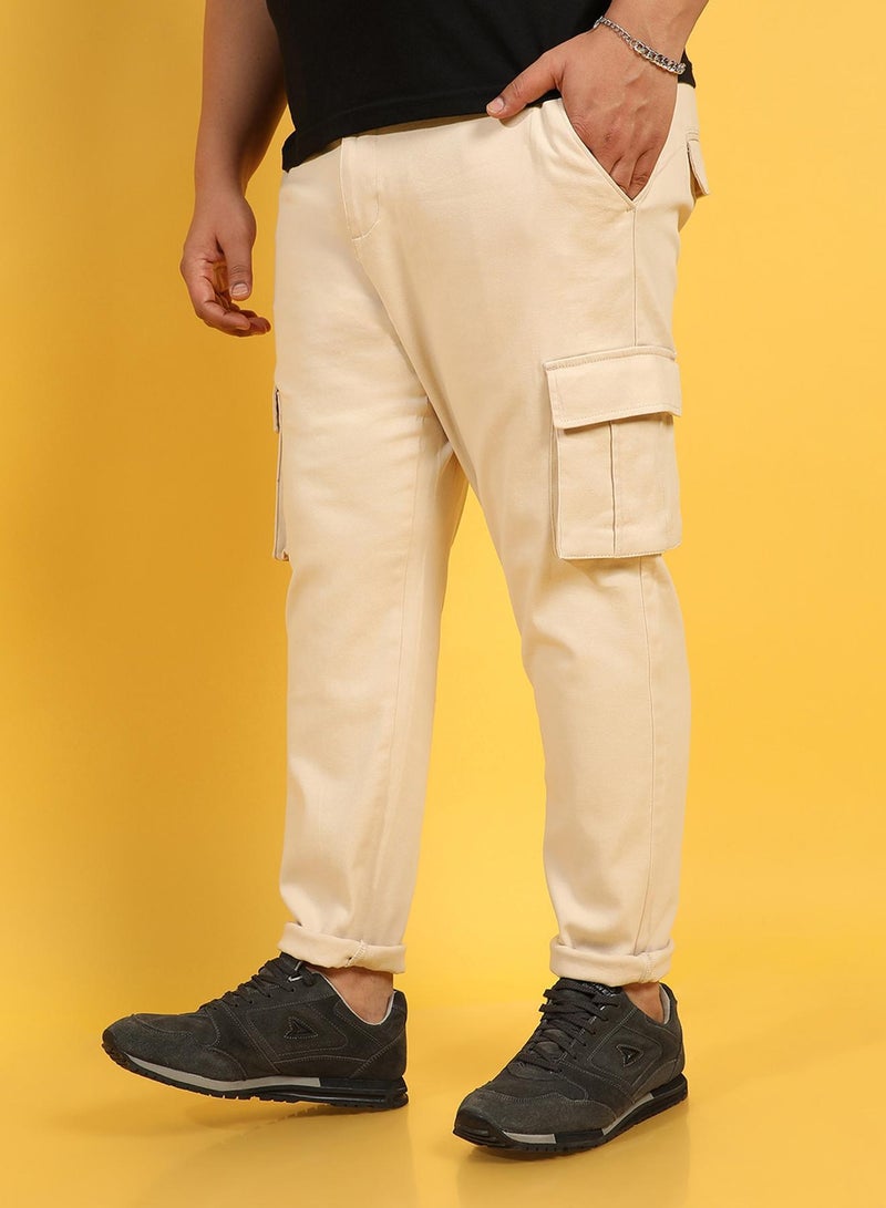 Instafab Plus Men's Beige Cargo Trousers For Casual Wear | 6 Pockets | Plus-Size Fit | Button Closure | Cotton Poly Cargo Pant Crafted With Comfort Fit For Everyday Wear - Image 1