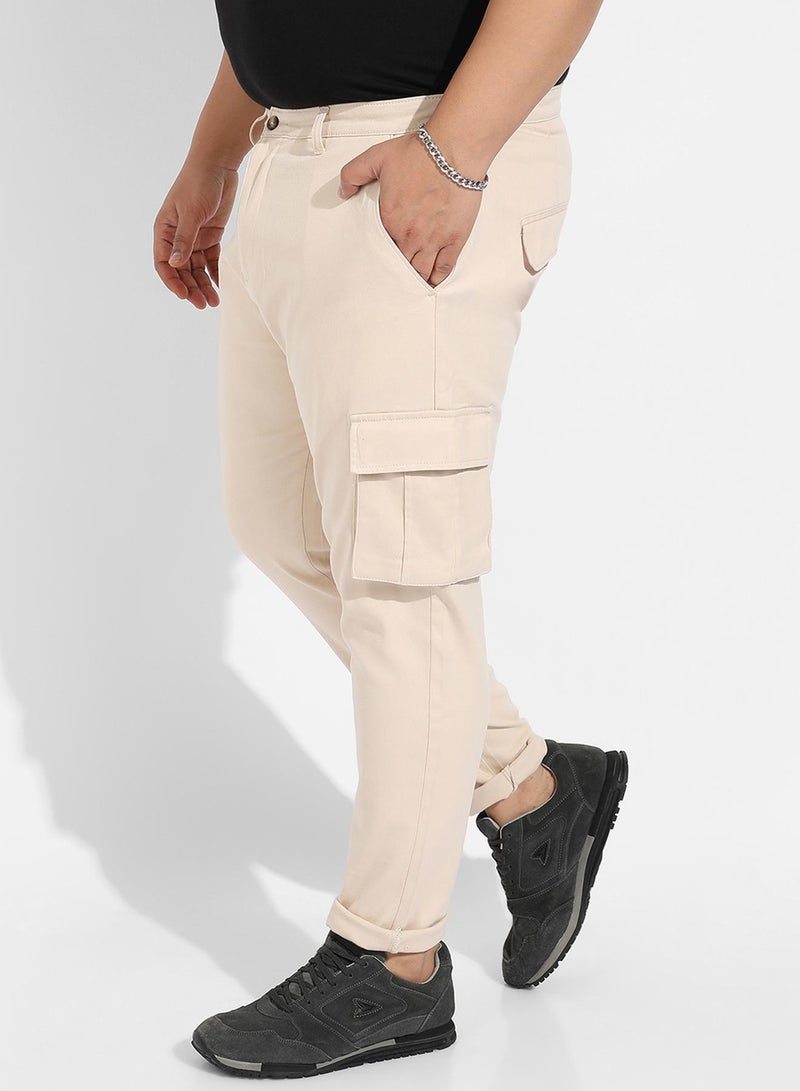 Instafab Plus Men's Beige Cargo Trousers For Casual Wear | 6 Pockets | Plus-Size Fit | Button Closure | Cotton Poly Cargo Pant Crafted With Comfort Fit For Everyday Wear - Image 3