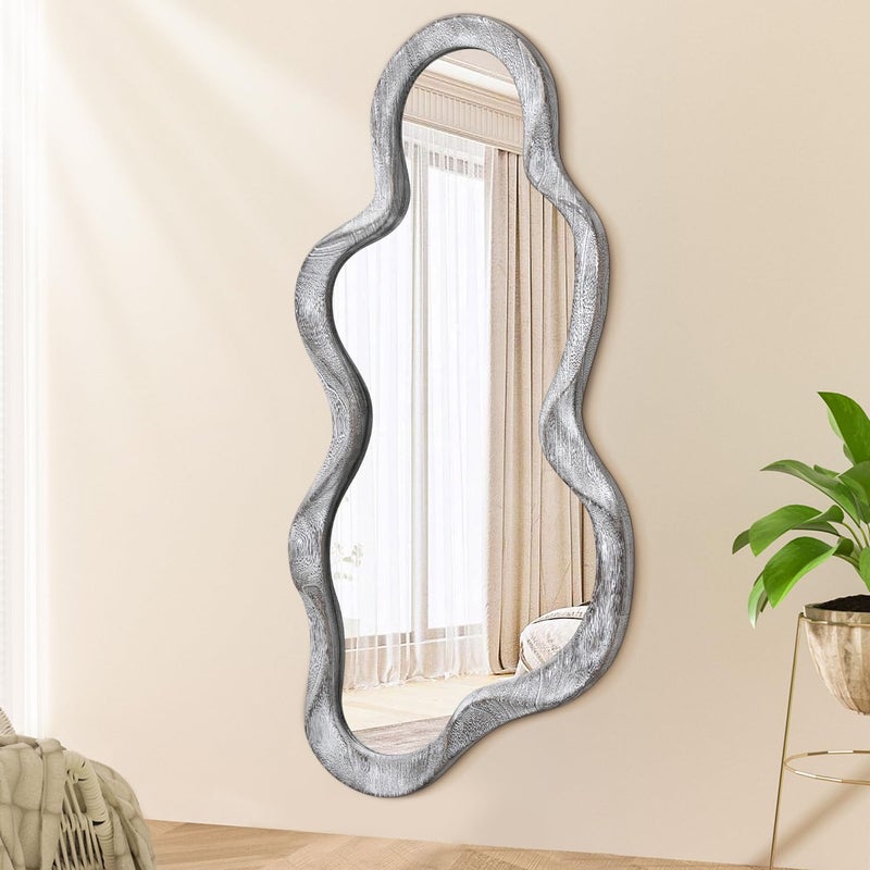 Irregular Wall Mirror Cloud Wood Frame Asymmetrical Modern Mirrors for Vanity Bathroom Living Room Bedroom Entryway Hallway Modern Unique Decorative Artistic Mirror Natural