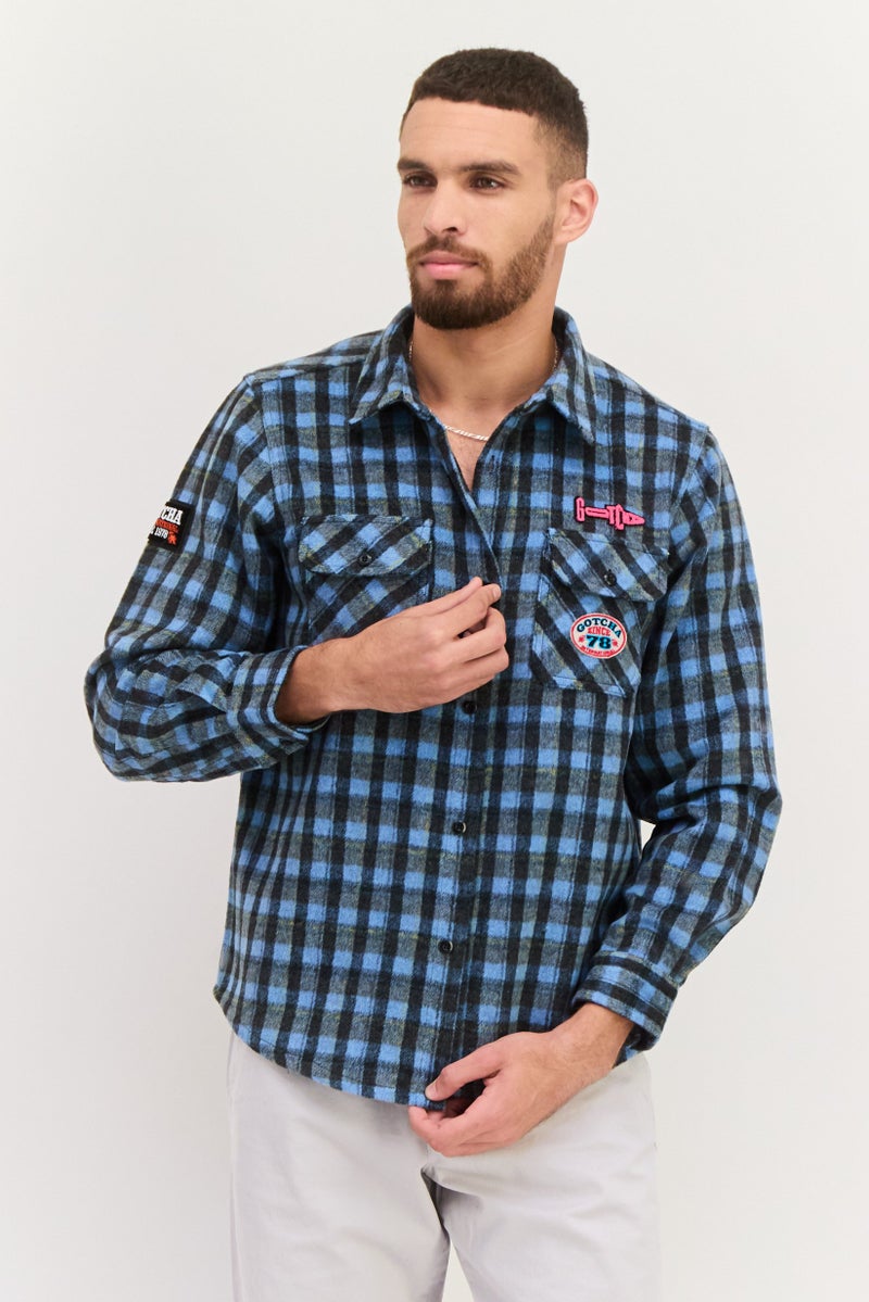 Gotcha Men Plaid Long Sleeve Jacket Shirt, Blue Combo  - Image 1