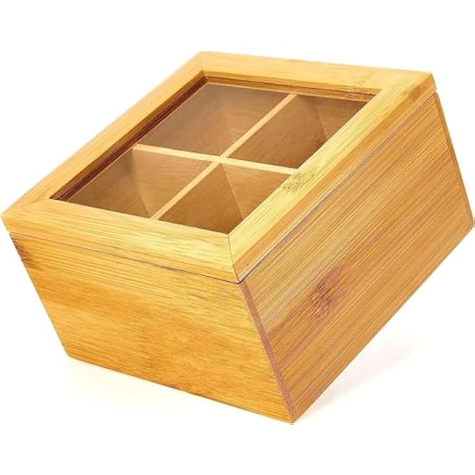 Silk Route Bamboo Tea Box Storage Organizer With 4 Compartment Transparent Lid And Tabletop Kitchen Spice Box - Image 2