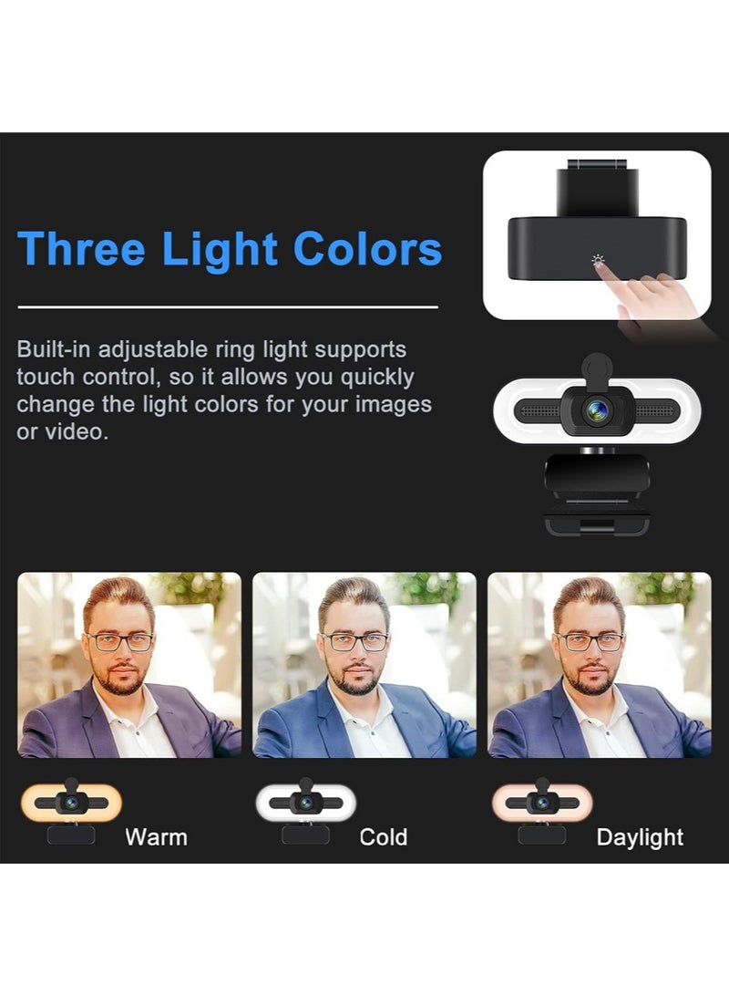 4K Webcam | Built-in Microphone, Ring Light, & Auto-Focus | Privacy Cover & Tripod Included | Plug & Play USB for PC/Laptop/Desktop Video Calls - Image 2