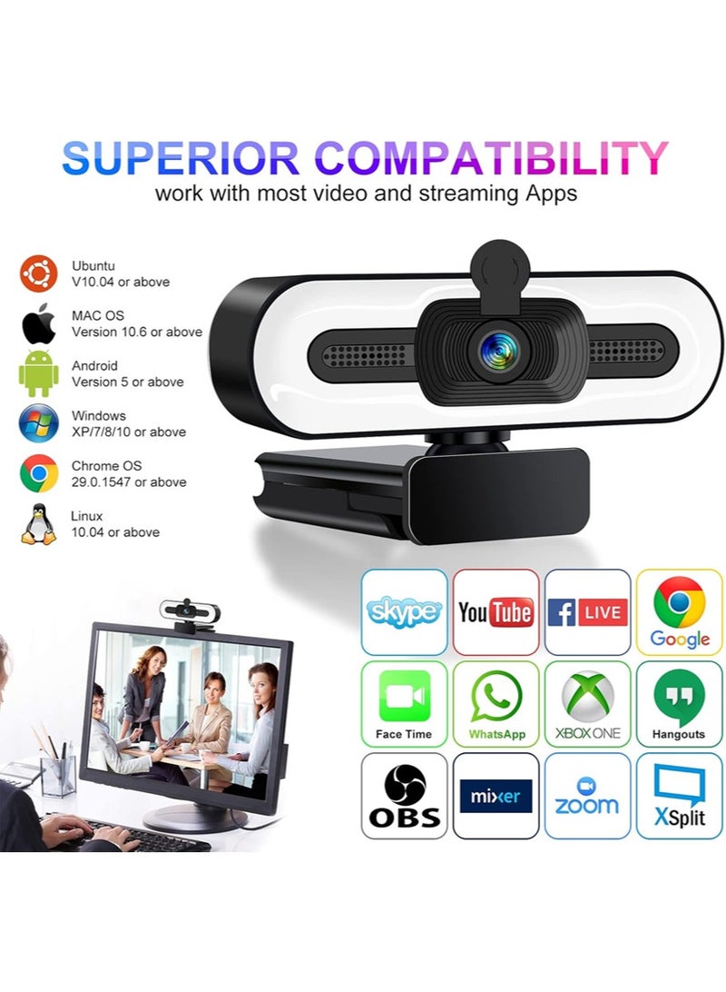 4K Webcam | Built-in Microphone, Ring Light, & Auto-Focus | Privacy Cover & Tripod Included | Plug & Play USB for PC/Laptop/Desktop Video Calls - Image 5