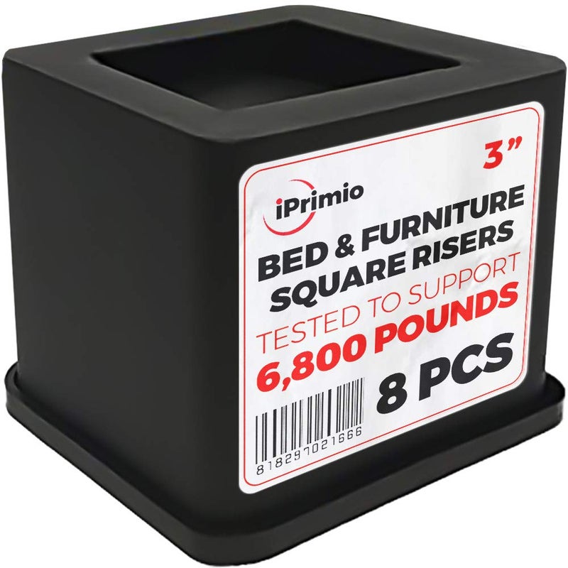 iPrimio Bed Risers  Square 3 Inch Lift Heavy Duty 8 Pack Up To 6800lbs  Bed Raising Blocks Furniture Risers  Safe Sturdy Bed Lifts for College Dorm Rooms Couches Tables Desk Riser