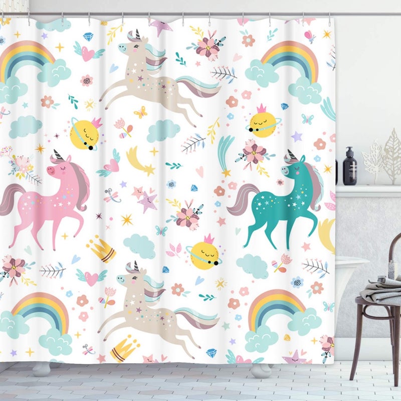Emvency Shower Curtain Kids Rainbow Blue Pattern Unicorns Pink Baby Girl Animal Beautiful Waterproof Polyester Fabric 72 x 72 Inches Set with Hooks - Image 1