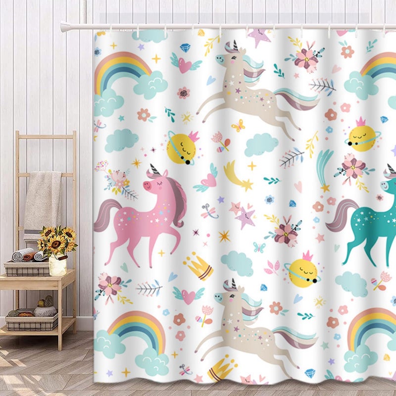 Emvency Shower Curtain Kids Rainbow Blue Pattern Unicorns Pink Baby Girl Animal Beautiful Waterproof Polyester Fabric 72 x 72 Inches Set with Hooks - Image 5
