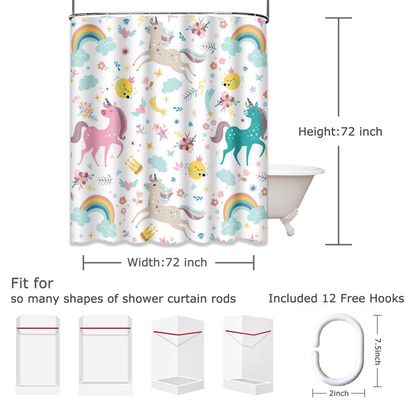 Emvency Shower Curtain Kids Rainbow Blue Pattern Unicorns Pink Baby Girl Animal Beautiful Waterproof Polyester Fabric 72 x 72 Inches Set with Hooks - Image 2