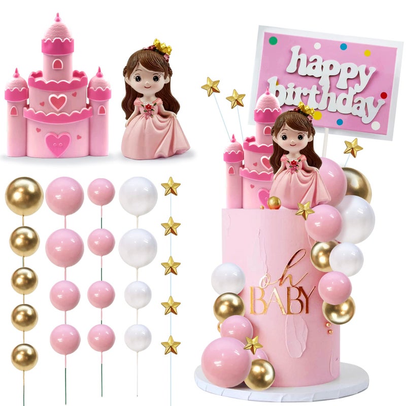 KEEPARTY 26PCS Princess Cake Topper Castle Cake Topper Girl Princess Cake Topper Happy Birthday Cake Decoration for Girl Birthday Princess Party Supplies - Image 1