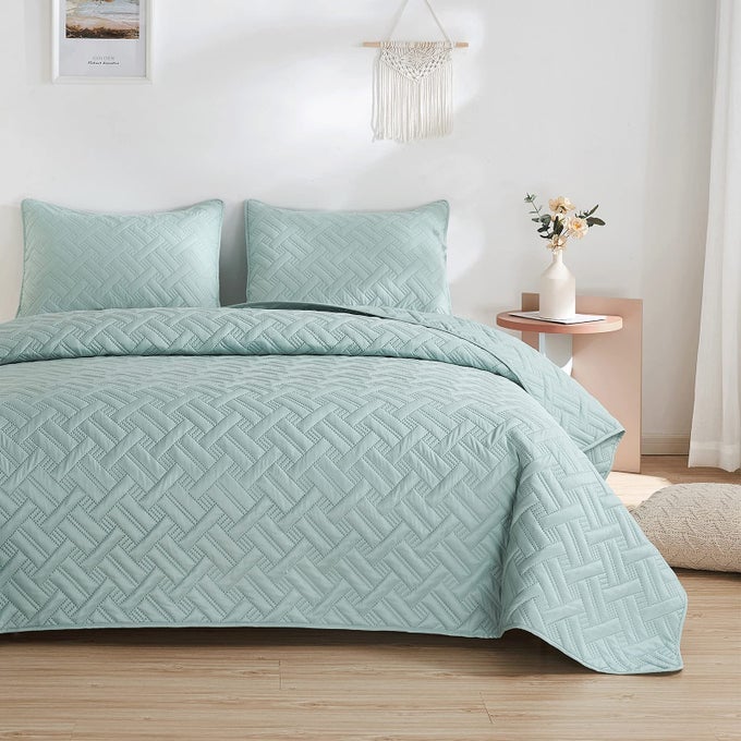 QUILT SET KING SIZE 3 PIECES LIGHTWEIGHT MICROFIBER BASKET PATTERN BEDSPREADS FOR ALL SEASON GREY SOFT SUMMER COVERLET SET WITH ULTRASONIC QUILTING TECHNOLOGY