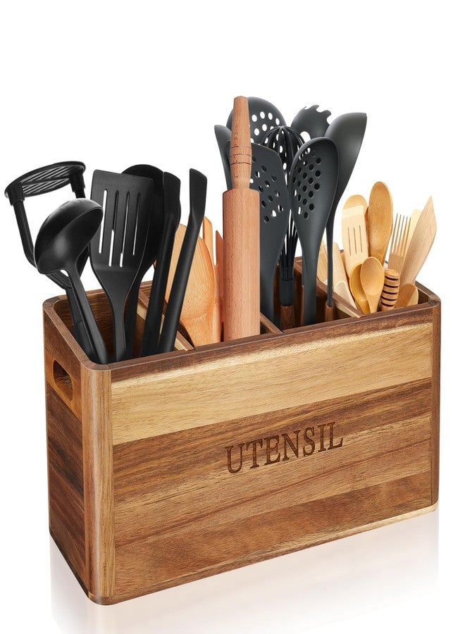 BOTOP Kitchen Utensil Holder with 4 Compartments, Large Acacia Wood Utensil Caddy Storage Caddy Organizer Countertop for Flatware Silverware Fork Spoon Spatula - Image 1