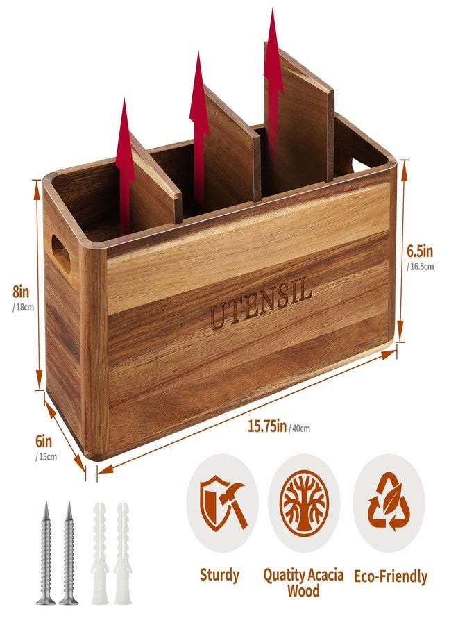 BOTOP Kitchen Utensil Holder with 4 Compartments, Large Acacia Wood Utensil Caddy Storage Caddy Organizer Countertop for Flatware Silverware Fork Spoon Spatula - Image 4
