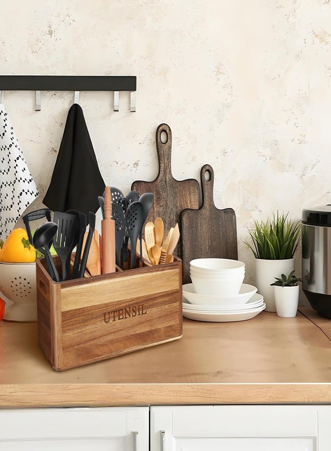 BOTOP Kitchen Utensil Holder with 4 Compartments, Large Acacia Wood Utensil Caddy Storage Caddy Organizer Countertop for Flatware Silverware Fork Spoon Spatula - Image 2