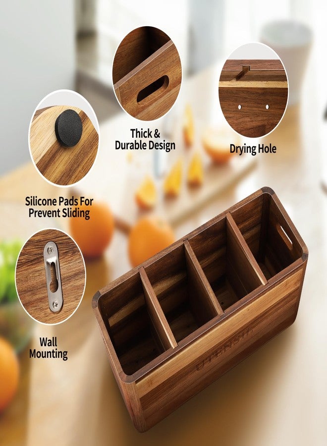 BOTOP Kitchen Utensil Holder with 4 Compartments, Large Acacia Wood Utensil Caddy Storage Caddy Organizer Countertop for Flatware Silverware Fork Spoon Spatula - Image 5