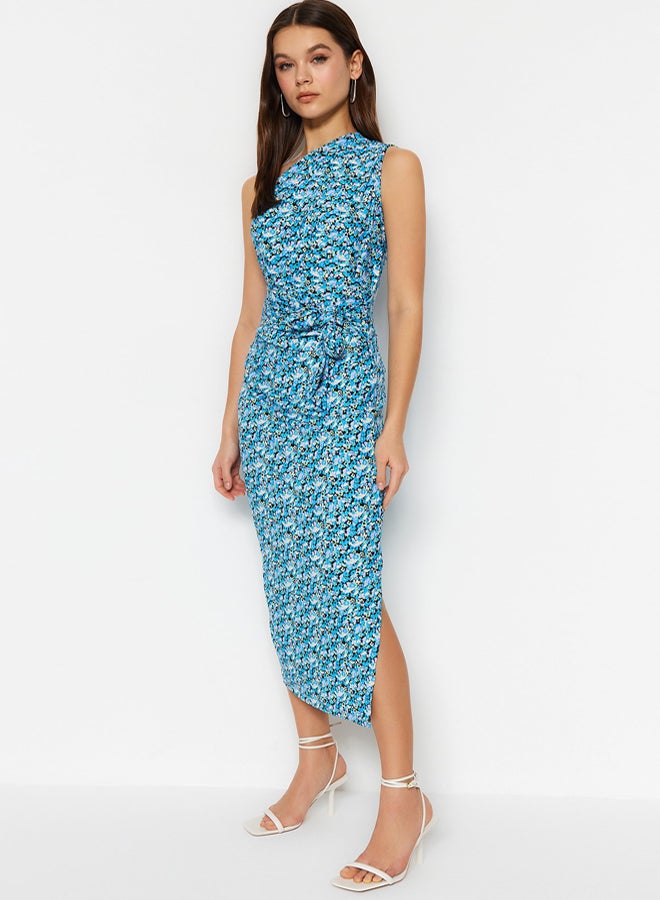 trendyol Blue Printed, Fitted One-Shoulder Asymmetrical Degaje Detailed Knitted Flexible Pencil Dress - Image 2