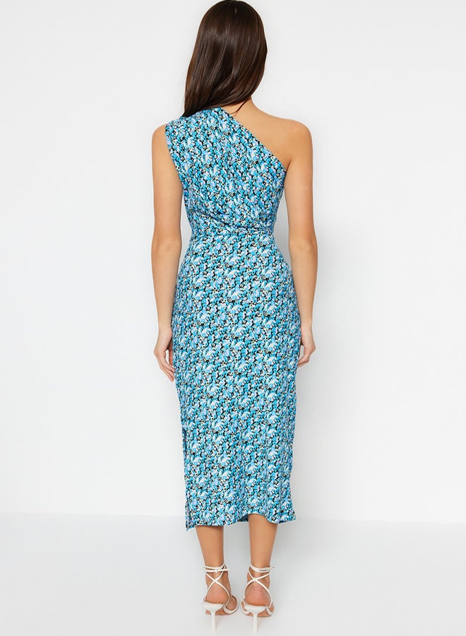 trendyol Blue Printed, Fitted One-Shoulder Asymmetrical Degaje Detailed Knitted Flexible Pencil Dress - Image 5