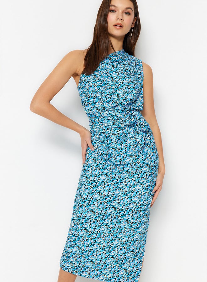 trendyol Blue Printed, Fitted One-Shoulder Asymmetrical Degaje Detailed Knitted Flexible Pencil Dress - Image 3