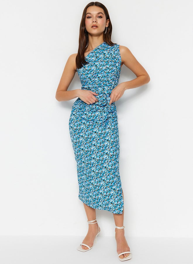 trendyol Blue Printed, Fitted One-Shoulder Asymmetrical Degaje Detailed Knitted Flexible Pencil Dress - Image 1