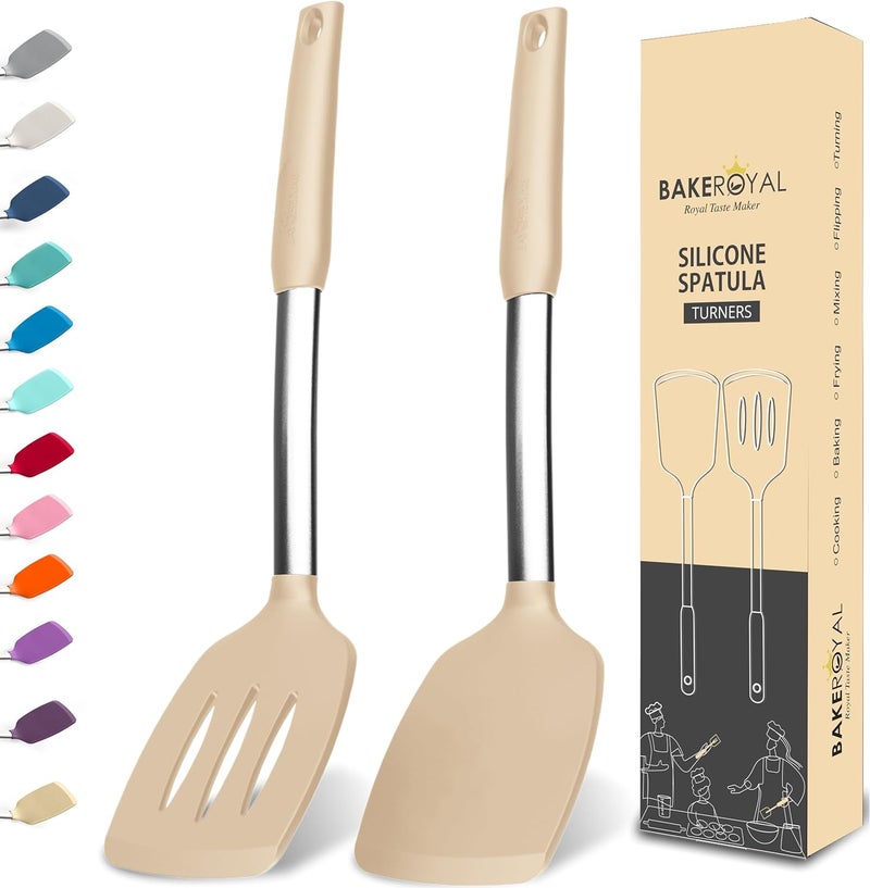 BAKEROYAL Silicone Spatula Set - Turner Spatulas Silicone Heat Resistant 600°F - Slotted & Solid Silicone Spatulas for Cooking Fish, Eggs, Pancakes Flipper – Silicone Cooking Utensils Set – Beige - Image 1