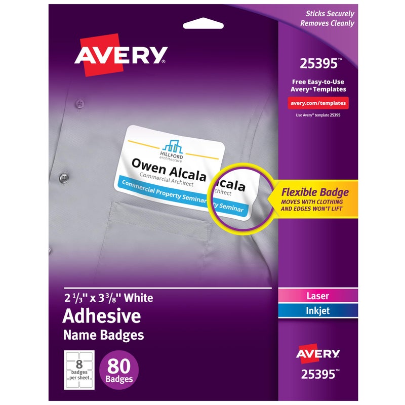 Avery Flexible Printable Name Tag Stickers, 2-1/3" x 3-3/8", Matte White, Removable Adhesive, Laser & Inkjet Compatible, 80 Name Badges Total, Great for Networking, Events, and More (25395) - Image 1