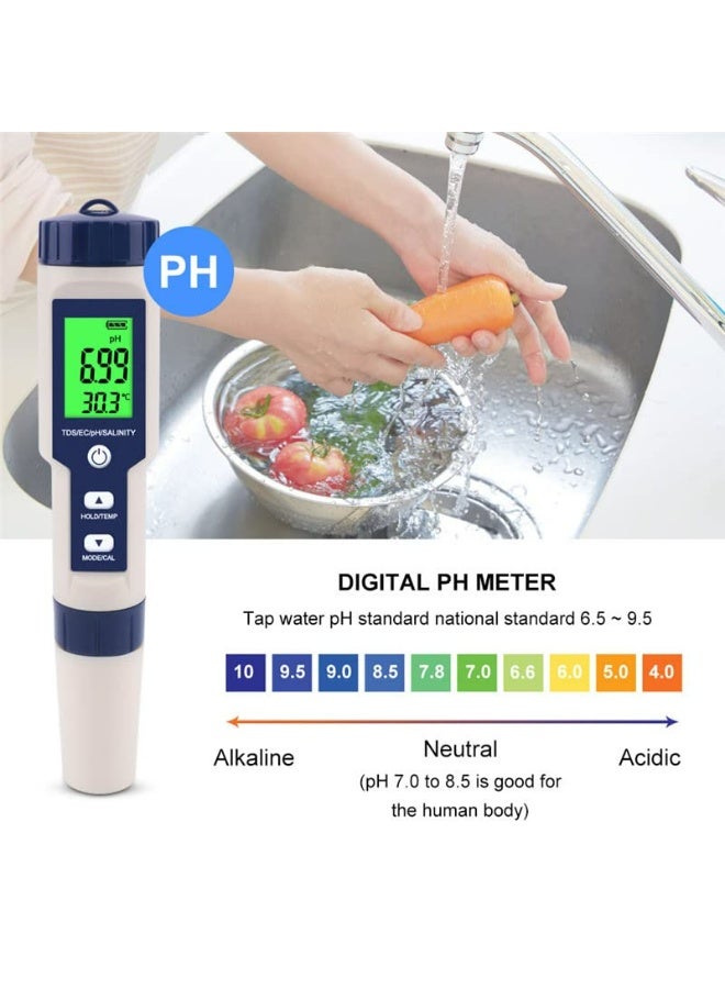 5 in 1 PH Meter,PH/TDS/EC/Salinity/Temp Meter for Water, High Accuracy Water Testing Kits for Drinking Water, Pools, Fish Tank, and Hydroponics,with 3 PH Buffer Powders - Image 2
