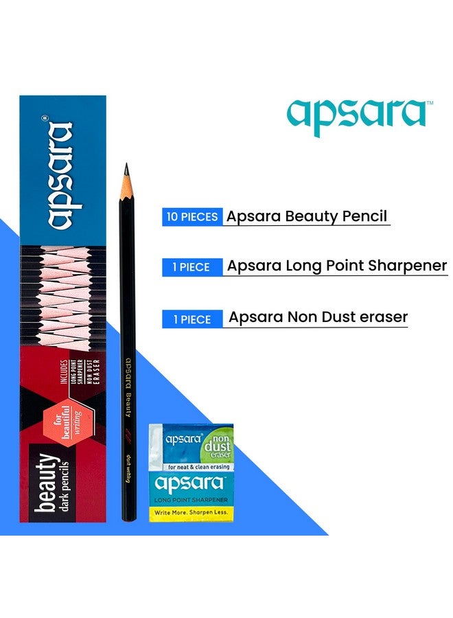 Apsara Beauty Pencils, Hexagonal Body for Strong Grip, Classic Black Design for Premium Look, Good Handwriting, Free Sharpener & Eraser, Non-toxic (Pack of 10 Pencils) - Image 3