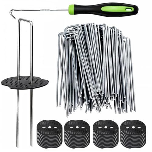 HASTHIP® 50Pcs Metal U Pins Multi Use Landscape Fabric Pins with 50Pcs Pin Holders & Pin Puller 7.87 inches Landscape Staples for Landscaping Artificial Grass, Weed Barrier, Camping - Image 1